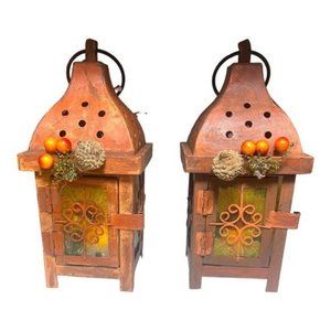 Decoupaged and Hand-Painted Candle Metal Lanterns Set of 2 Fall Decor, Artisan